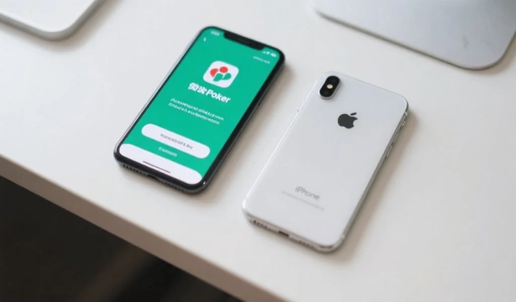 一部Android手机和一部iPhone放在桌面上,屏幕分别显示微扑克应用的下载页面和安装完成界面,背景简洁明亮